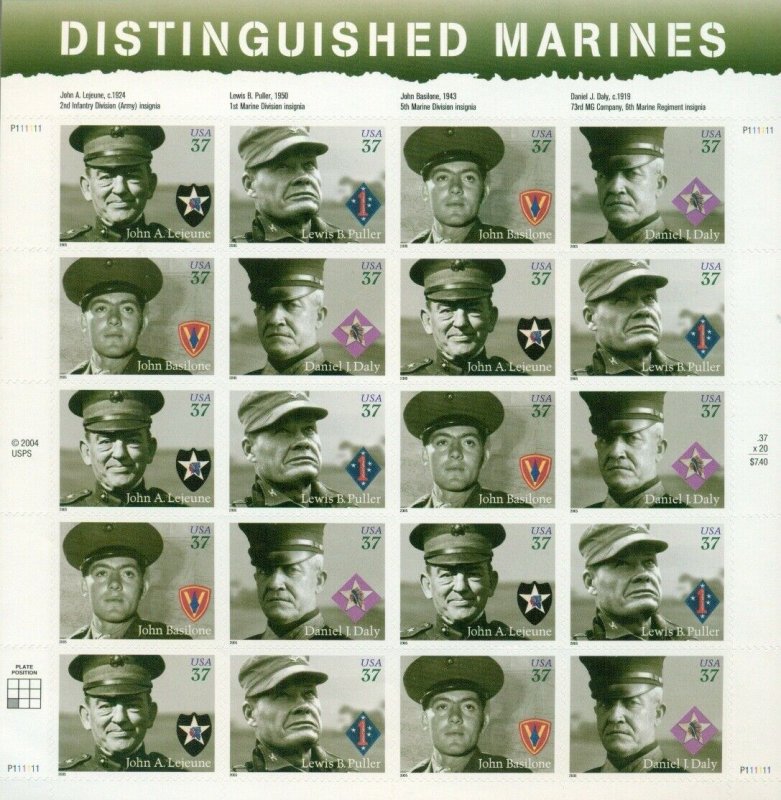 US: 2004 DISTINGUISHED MARINES; Complete Sheet Sc 3961-64; 37 Cents Values