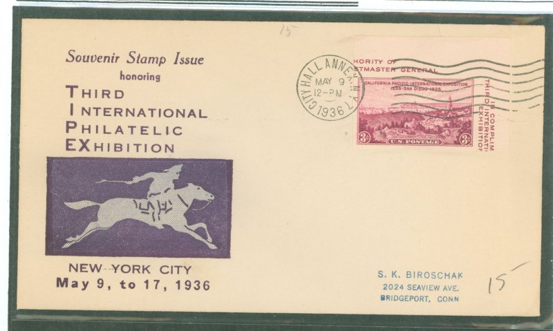 US 778b 1936 single stamp cut from the third International Philatelic Exhibition (TIPEX) Farley sheet on an addressed first day