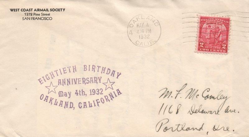 1932 Oakland California West Coast Airmail Society 18th Anniversary Postal Cover