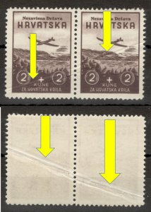 CROATIA-HDH-MNH PAIR STAMPS, 2+2kune - AIRMAIL - PLANE- ERROR - PLEAT - 1942.