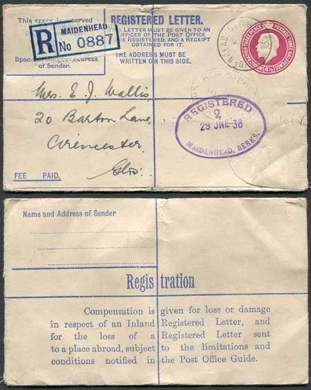 RP45 KGV 4 1/2d Puce Registered Envelope Size F Senders Address on back Used