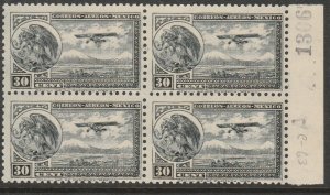 MEXICO C63, 30¢ ARMS & PLANE RE-ISSUE. MINT, NH. BLOCK OF 4. VF. (187)