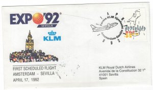 Netherlands 1992 Cover Stamps First Flight Amsterdam Seville Spain KLM