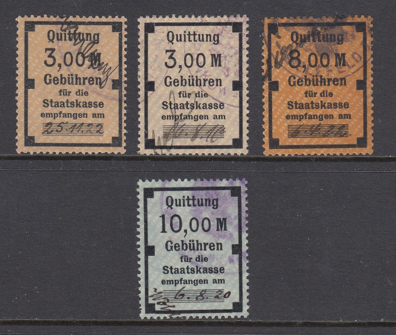 Germany, Prussia, 1920s Staatskasse Fee Tax Revenues, 4 different, used, sound