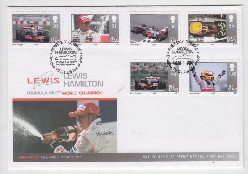 Isle of Man -  2008,  Lewis Hamilton,   set of 6 on FDC