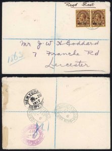 Turks and Caicos SG141 1917 3d WAR TAX Pair on a Registered Cover