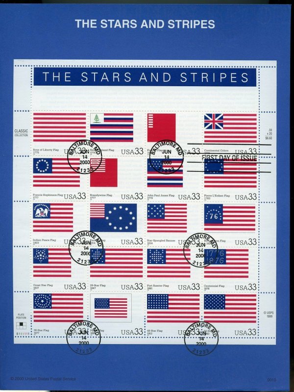 UNITED STATES 2000 STARS & STRIPES  SHEET  SOUVENIR PAGE FD CANCELED 