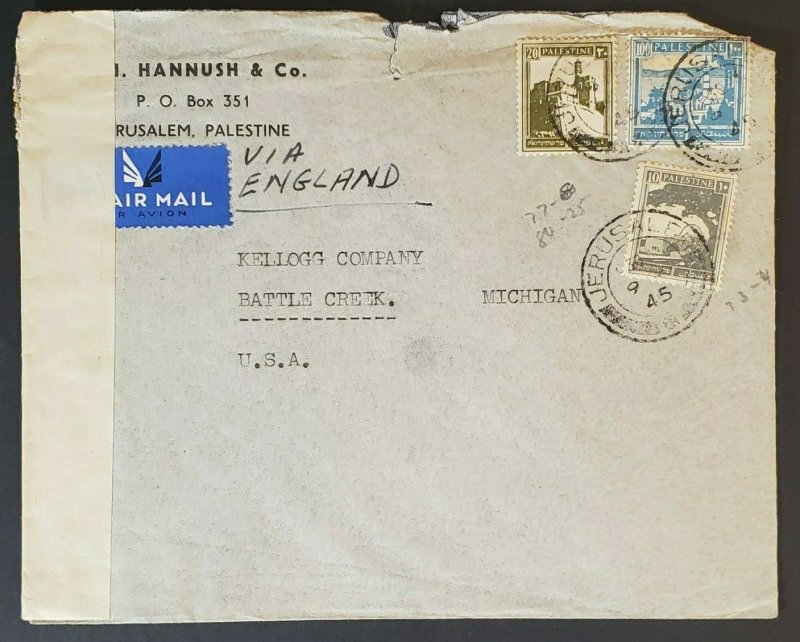 1945 Palestine Battle Creek Michigan Hannush Kellogg Censorship Air Mail Cover