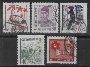 Korea South #338-342  Ginseng, Sejong, Woodpecker, Farmer, Drums  1961-2  used