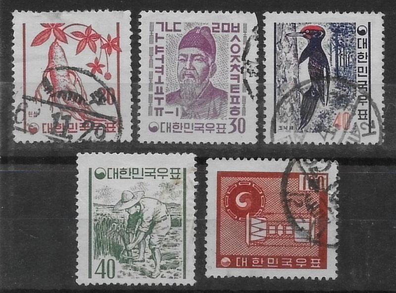 Korea South #338-342  Ginseng, Sejong, Woodpecker, Farmer, Drums  1961-2  used