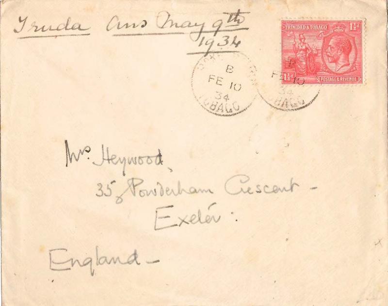 Trinidad 1d KGV and Britannia 1926 Roxborugh, Tobago Printed matter to Exeter...