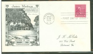 US 843 1939 4c James Madison (Part of the Presidential/prexy series) coil single on an addressed FDC with a Historic arts cachet