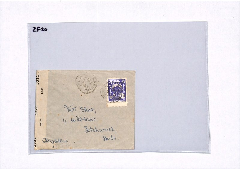 France Cols TUNISIA Cover Nabeul CENSOR GB Herts Letchworth WW2 1945 ZF20