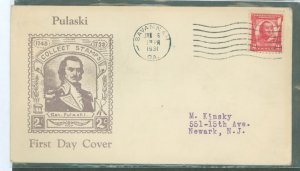 US 690 1931 2c General Casimir Pulaski (single) on an addressed FDC with a Roessler cachet and a Savannah, GA cancel