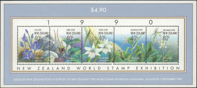 New Zealand #986, Complete Set, Sht of 5, 1990, Flowers, Never Hinged