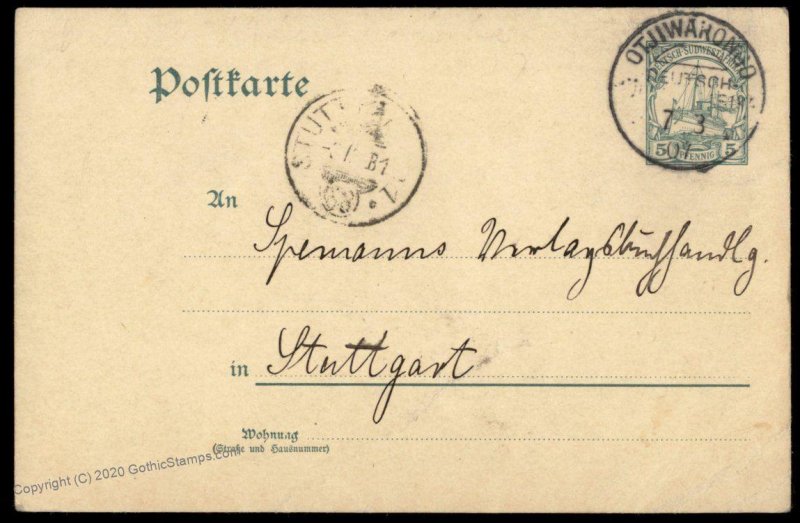 Germany SW Africa 1907 OTJIWARONGO Kutsoub DSWA GS Postal Card Expertized G77800