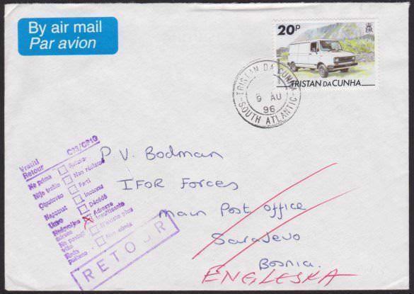 TRISTAN DA CUNHA 1996 cover to Bosnia undelivered & returned to send........6565