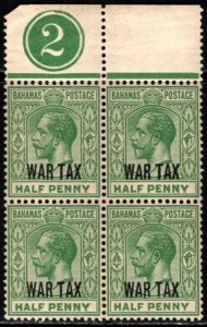 1919 Bahamas Scott #-MR6 1/2 Penny King George V War Tax Stamp Overprint Block/4