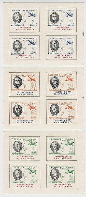 ECUADOR 1949 ROOSEVELT OFFICIAL Bts O266-O273+ FULL SET MINISHEETS OF FOUR MNH 