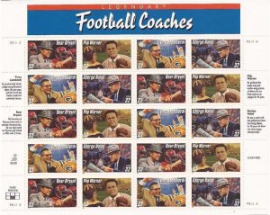 US Stamp - 1997 Football Coaches - 20 Stamp Sheet - Scott #3143-6