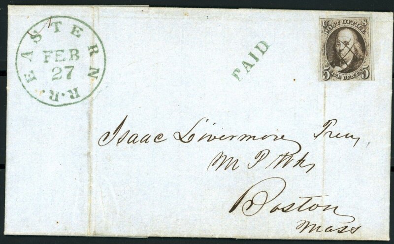 USAstamps Used VF US 1847 1st Stamp Franklin Scott # 1a on Folded Letter 