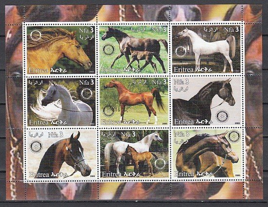 Eritrea, 2003 Cinderella issue. Horses sheet of 9. Rotary logo.   ^