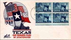 FDC 1945 SC #938 Staehle Cachet - Austin, Tx - Block of 4 - F60537