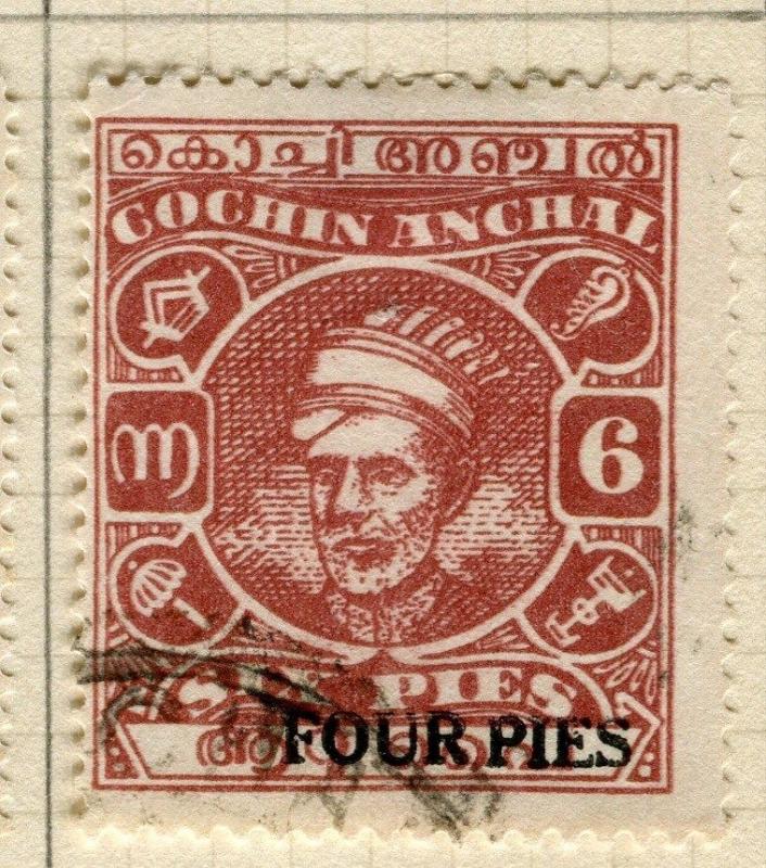 INDIA COCHIN;  1943 Kerala Varma FOUR PIES surcharge used