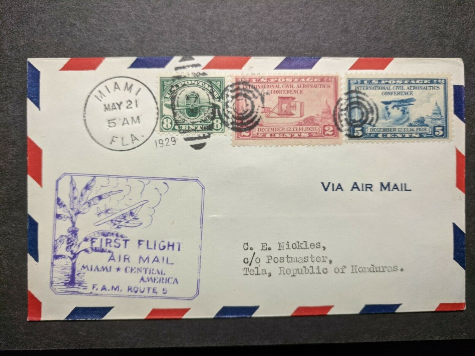 MIAMI, FL to Central America 1929 First Flight Postal Cover FAM-5 ...