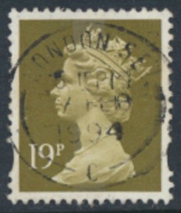 GB  Machin 19p SG Y1682  Used  Yellow band SC# MH208  see scans & details