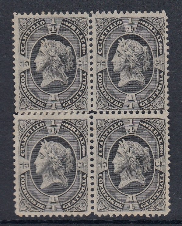 Guatemala 1875 Liberty Head Quarter Real Black Block x 4 MNG. Scott 7