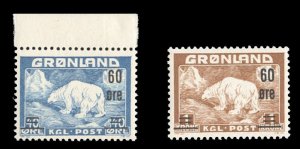 Greenland #39-40 Cat$76, 1956 Surcharges, set of two, never hinged