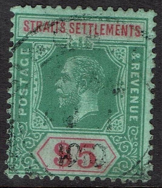 STRAITS SETTLEMENTS 1912 KGV $5 GREEN & RED /GREEN WMK MULTI CROWN CA USED