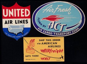 US 3 Vintage American Airline, United & Air Cargo Airline Cinderella Stamps  L29