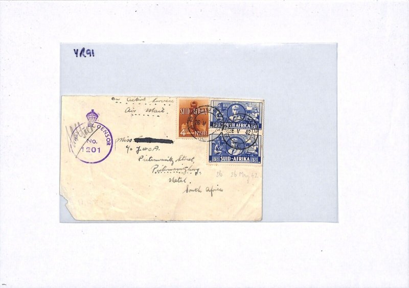 SOUTH AFRICA WW2 Military TOBRUK *APO-U-MPK-36* Censor Natal Cover Front YR91