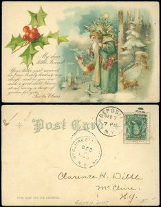 DEC 7, 1905 Deposit NY Cds, SANTA CLAUS in GREEN SUIT Leaving Forest w/ Animals!