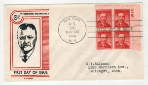 1955 PLATE # BLOCK FDC 1039 TEFFY ROOSEVELT C GEORGE RAISED PRINT CACHET