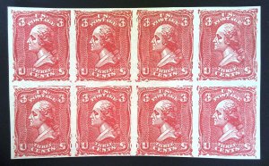 Scott #79-E25a - 3c Dark Red - Lithographic Plate Essay - Block of 8 - Essay