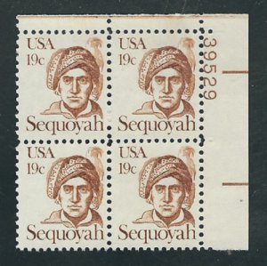 1980 Sequoyah Plate Block of 4 19c Postage Stamps, Sc# 1859, MNH, OG