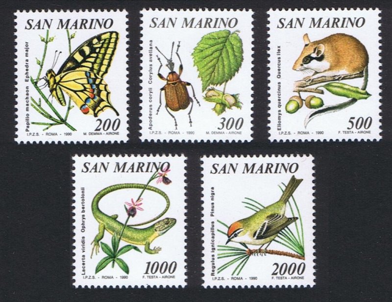 San Marino Bird Butterfly Lizard Mouse Flora 5v 1990 MNH SC#1216-1220