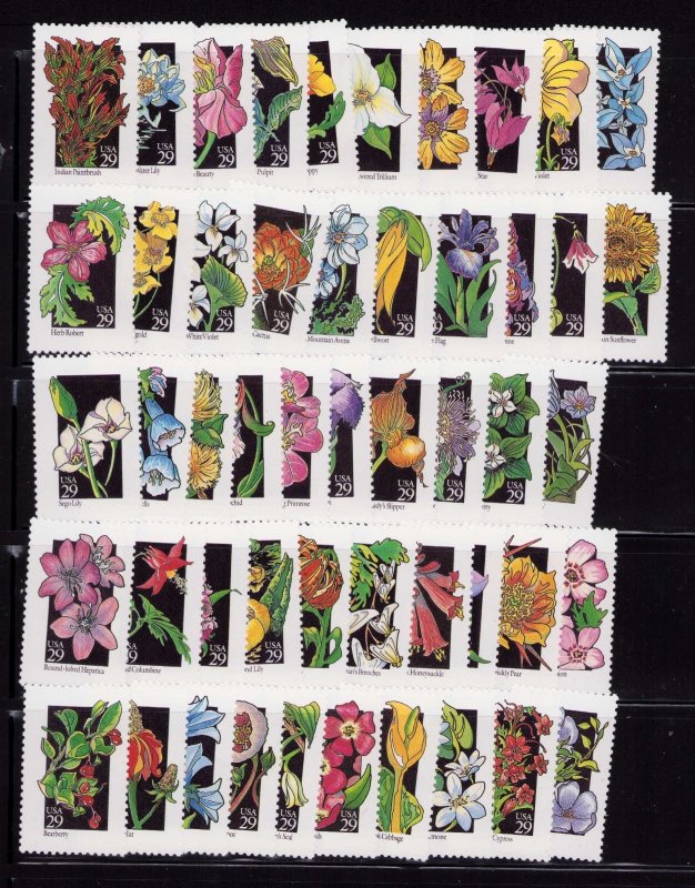 US 2647 - 2696 Wildflowers All 50 Single 29¢ Stamps MNH