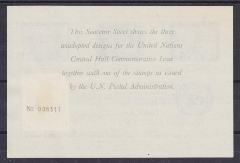 UN, New York Sc 61 on 1959 Semi-Official Souv Sheet, National Stamp Exhibition