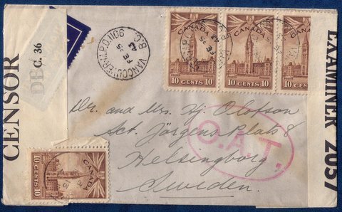 CANADA Sc 257 Postal Cover Vancouver, BC To SwedenVert.Pair 1943 Used