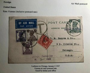 1947 Lucknow India Stationery Postcard Cover To Chicago USA Postage Due