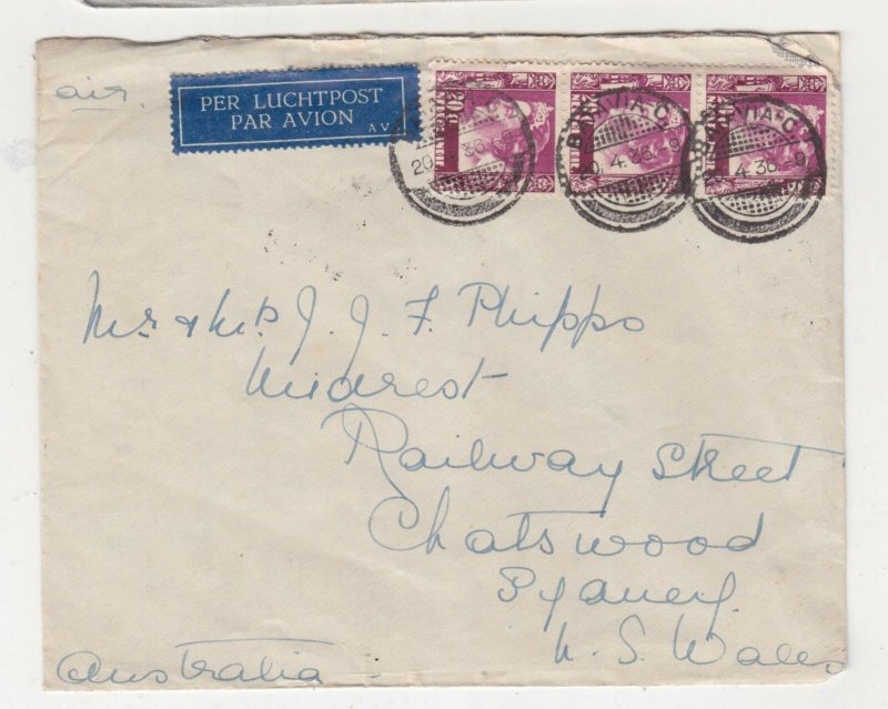 NETH. EAST INDIES, 1936 Airmail cover to Australia, 20c.(3).