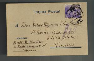 1940 Valencia Spain Postcard cover to Carcel Calular Prison Felipe Martinez 