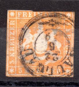 Wurttemberg 1857 3kr orange SG24 fine used WS1787