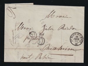 France Alsace 1851 Ste Marie Aux Mines to Rixheim Stampless Folded Letter SFL