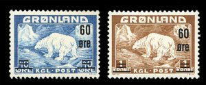 Greenland #39-40 Cat$76, 1956 Surcharges, set of two, never hinged