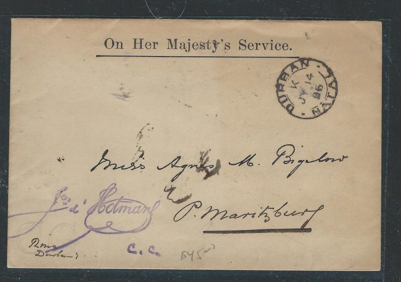 NATAL (P0512B) 1896 OHMS STAMPLESS TO P MAURITZBURG